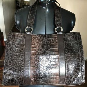 Coldwater Creek Women Faux Croc. Purse Handbag Shoulder Bag Brown Large
